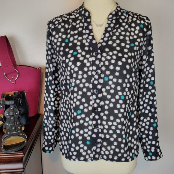 Alfani Black White Mint Green Flowers High-Low Button UP Roll-Tab Sleeve Top 2P - Picture 1 of 7